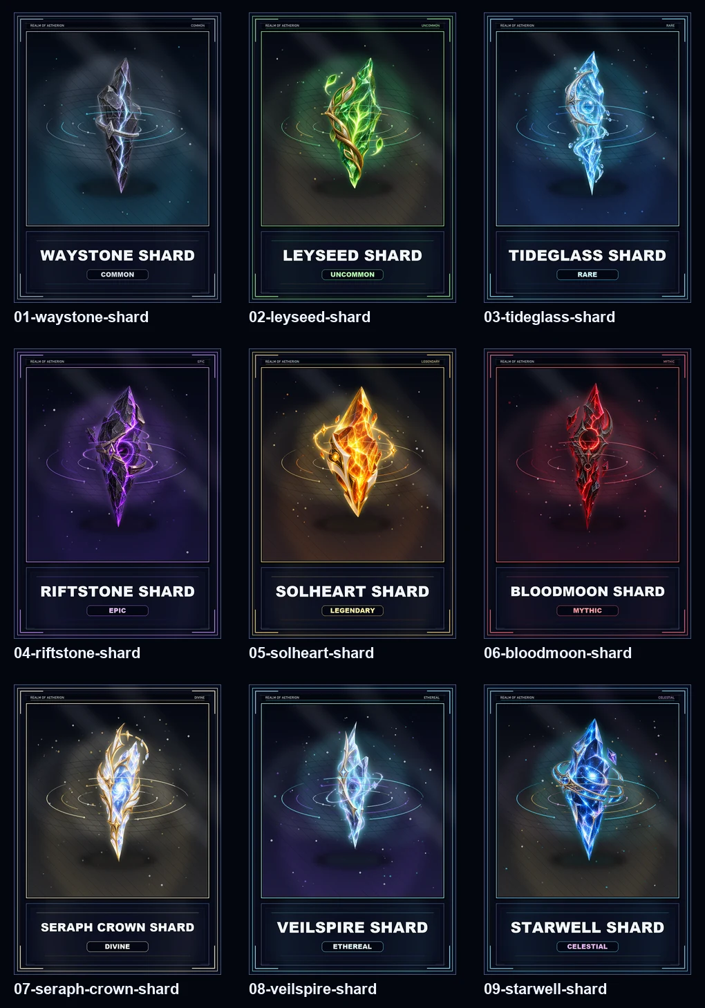 Nine Aetherwell Shard NFT cards from Common Waystone Shard through Celestial Starwell Shard