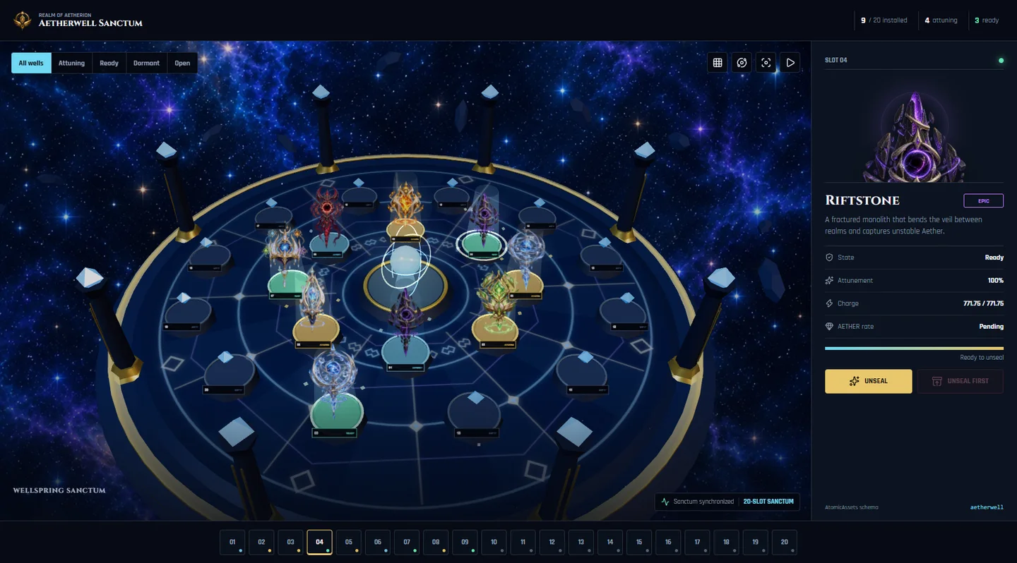 The twenty-slot Wellspring Sanctum interface with installed Aetherwell relics